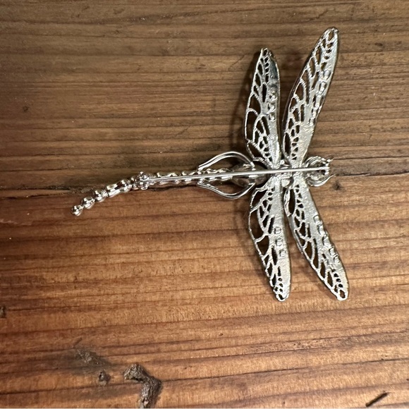 Silver Dragonfly Brooch with Green and Blue Accents - Picture 3 of 3
